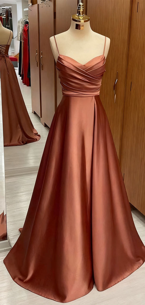 Elegant Brown Spaghetti Strap A-Line Long Prom Dress Ideas, Evening Party Dresses,WGP1607