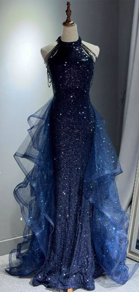 Shiny Blue Halter Mermaid Long Prom Dress Ideas, Evening Party Dresses,WGP1751