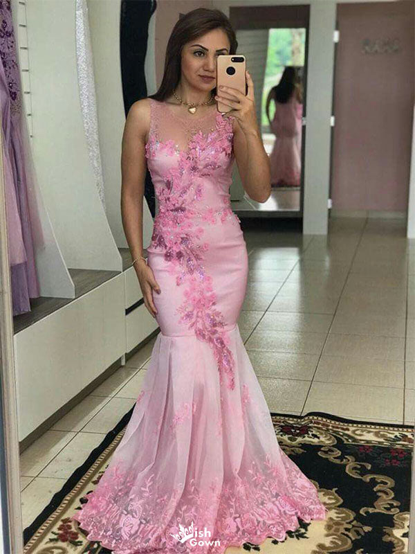 Unique Floral Pink Halter Mermaid Long Prom Dress Ideas, Evening Party Dresses,WGP1881