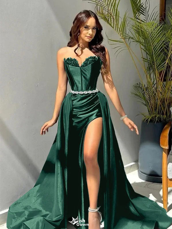 Elegant Green Sweetheart Mermaid Side Slit Long Prom Dress Ideas, Evening Party Dresses, WGP1586