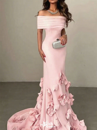 Unique Pink Floral Off-Shoulder Mermaid Sleeveless Long Prom Dress Ideas, Evening Party Dresses,WGP1685