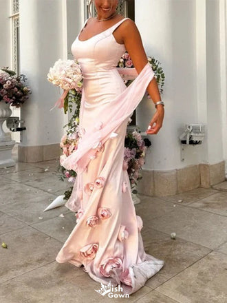 Elegant Pink Spaghetti Strap Mermaid Floral Long Prom Dress Ideas, Evening Party Dresses,WGP1752