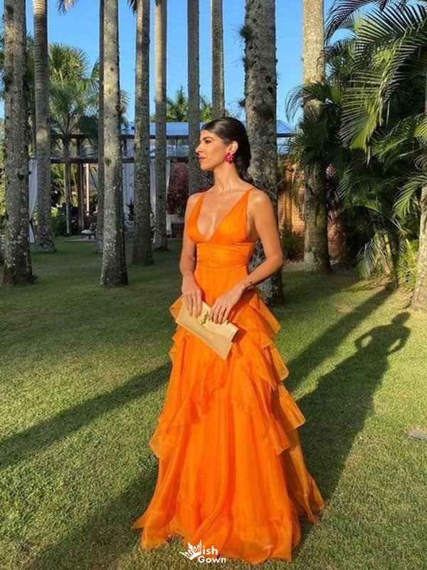 Elegant Orange V-Neck A-Line Long Prom Dress Ideas, Evening Party Dresses,WGP1641