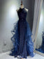 Shiny Blue Halter Mermaid Long Prom Dress Ideas, Evening Party Dresses,WGP1751