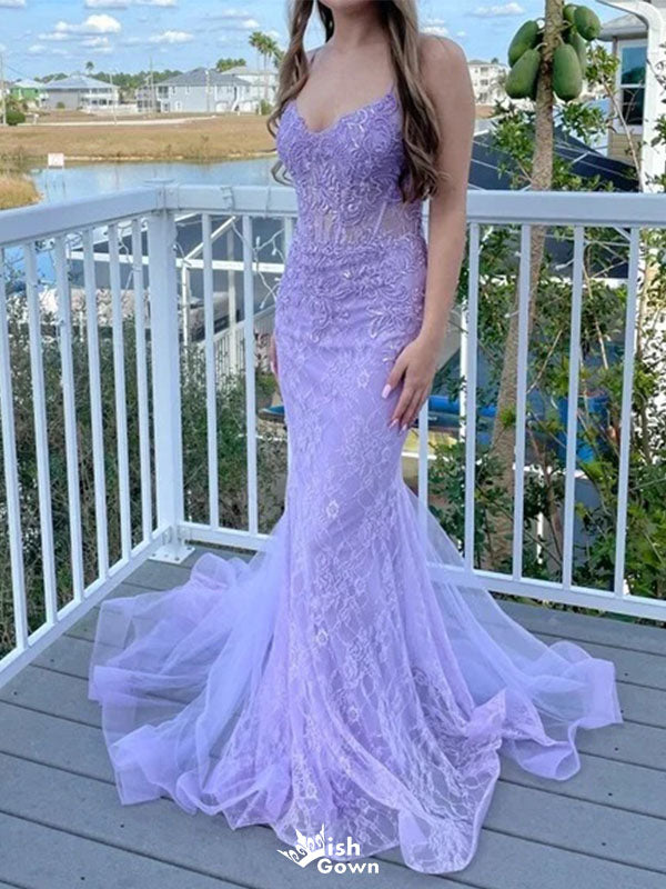 Elegant Spahetti Strap Lavender Applique Mermaid Long Prom Dress Ideas, Evening Party Dresses ,WGP1597