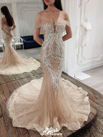 Sexy Champagne Off-Shoulder Mermaid Long Prom Dress Ideas, Evening Party Dresses,WGP1869