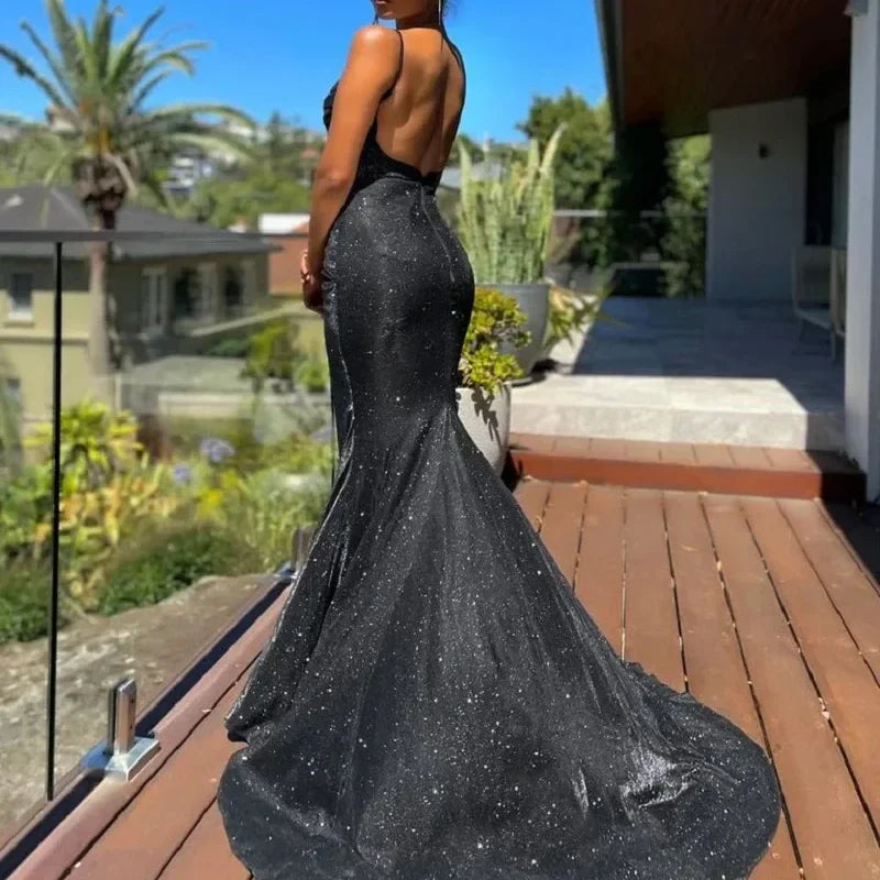 Sparkly Black Spaghetti Strap Mermaid Long Prom Dress Ideas, Evening Party Dresses,WGP1909