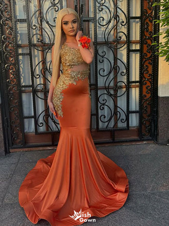 Sparkly Orange One-Shoulder Mermaid Long Prom Dress Ideas, Evening Party Dresses,WGP1808
