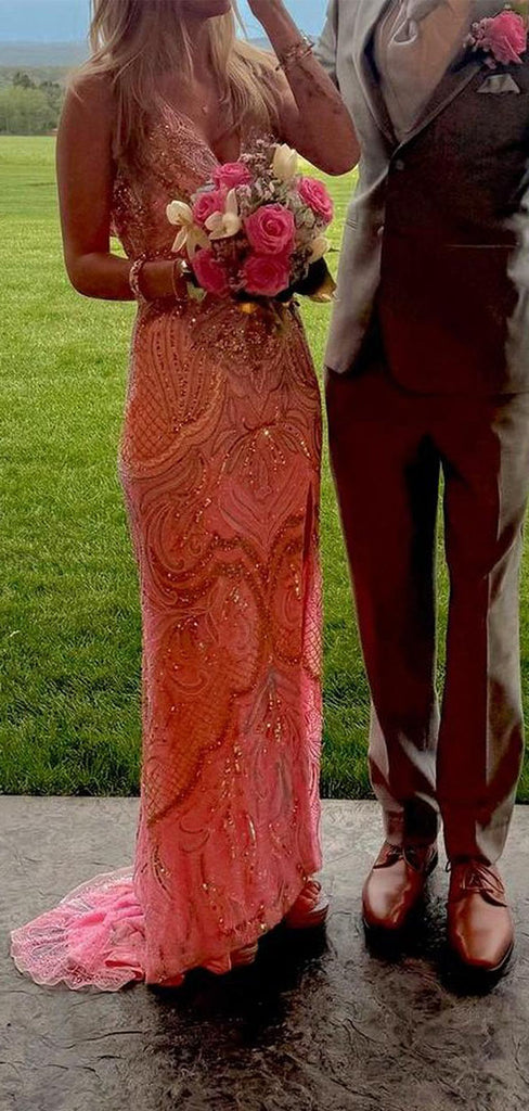 Sexy Pink Spaghetti Strap Mermaid Side Slit Sleeveless Long Prom Dress Ideas, Evening Party Dresses,WGP1683