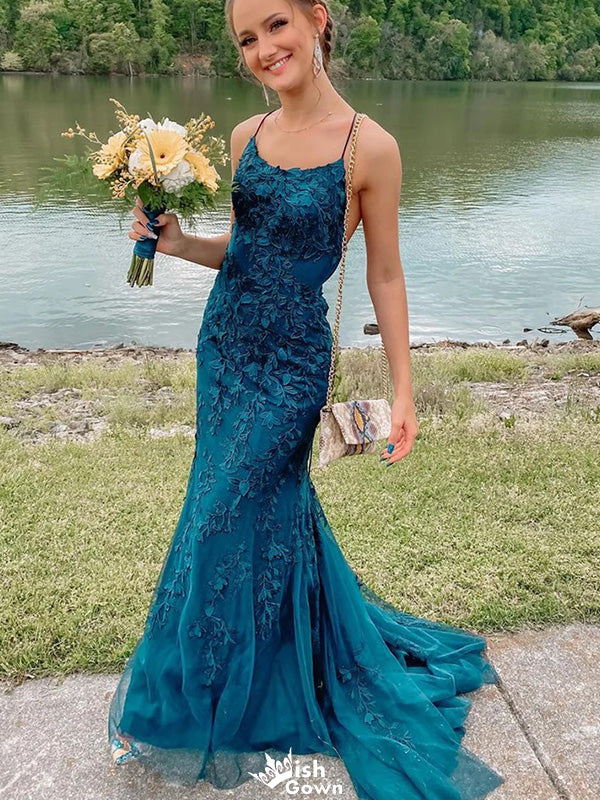 Elegant Spaghetti Strap Mermaid Lace Long Prom Dress Ideas, Evening Party Dresses,WGP1192