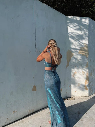 Shiny Blue Spaghetti Strap Mermaid Side Slit Long Prom Dress Ideas, Evening Party Dresses,WGP1725