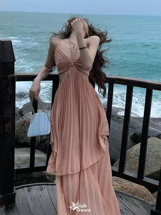 Unique Pink Spaghetti Strap A-Line Long Prom Dress Ideas, Evening Party Dresses,WGP1934