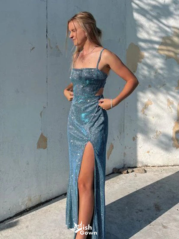 Shiny Blue Spaghetti Strap Mermaid Side Slit Long Prom Dress Ideas, Evening Party Dresses,WGP1725