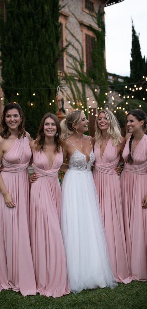 Sexy Pink V-Neck Sleeveless A-Line Long Bridesmaid Dresses Online , WGM408