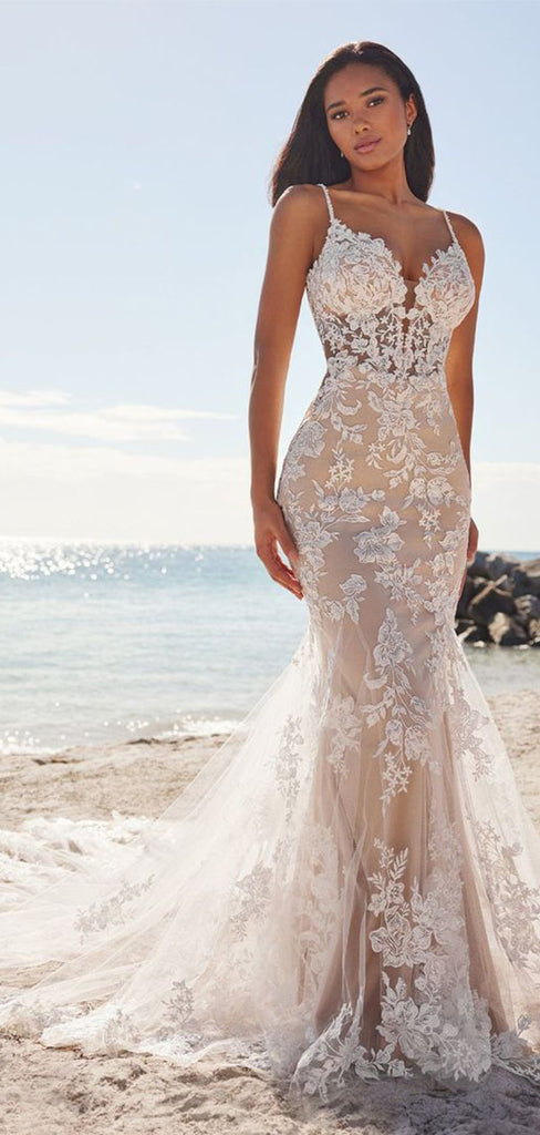 Sexy White Spaghetti Strap Lace Mermaid Long Wedding Dresses With Sweep Trailing,WDH164