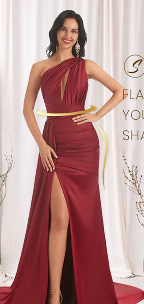 Elegant Red One Shoulder Mermaid Side Slit Long Prom Dress Ideas, Evening Party Dresses , WGP1867