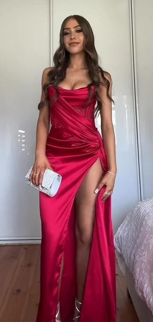 Gorgeous Red Sweetheart Mermaid Side Slit Long Prom Dress Ideas, Evening Party Dresses,WGP1858