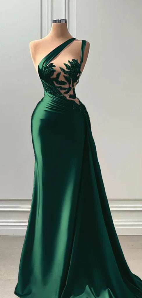 Elegant Green One-Shoulder Mermaid Long Prom Dress Ideas, Evening Party Dresses ,WGP1873
