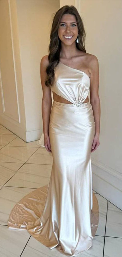 Elegant Champagne One-Shoulder Mermaid Side Slit Long Prom Dress Ideas, Evening Party Dresses, WGP2000