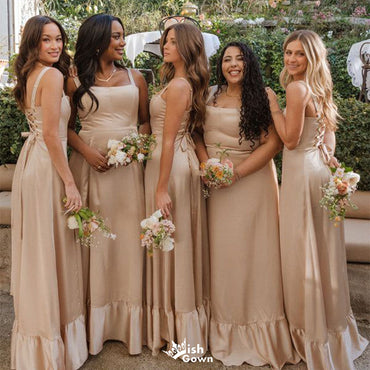 Elegant Champagne Spaghetti Strap Sleeveless A-Line Long Bridesmaid Dresses Online,WGM452
