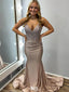 Shiny Champagne Spaghetti Strap Mermaid Long Prom Dress Ideas, Evening Party Dresses,WGP1775