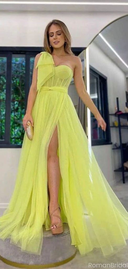 Unique Yellow One-Shoulder A-Line Side Slit Long Prom Dress Ideas, Evening Party Dresses,WGP1699