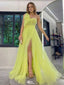 Unique Yellow One-Shoulder A-Line Side Slit Long Prom Dress Ideas, Evening Party Dresses,WGP1699