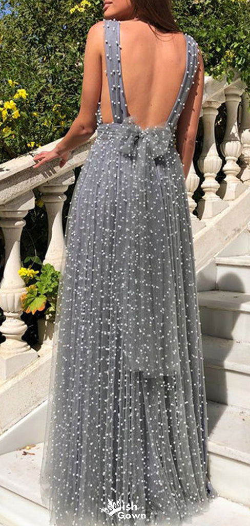 Gorgeous V-neck Backless A-line Long Prom Dress Ideas, Evening Party Dresses,WGP1245