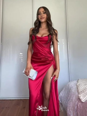 Gorgeous Red Sweetheart Mermaid Side Slit Long Prom Dress Ideas, Evening Party Dresses,WGP1858