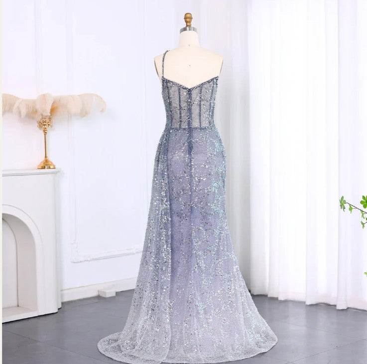 Shiny Blue One-Shoulder Mermaid Side Slit Long Prom Dress Ideas, Evening Party Dresses,WGP1624