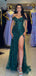 Elegant Green Off-Shoulder Mermaid Side Slit Long Prom Dress Ideas, Evening Party Dresses, WGP1587