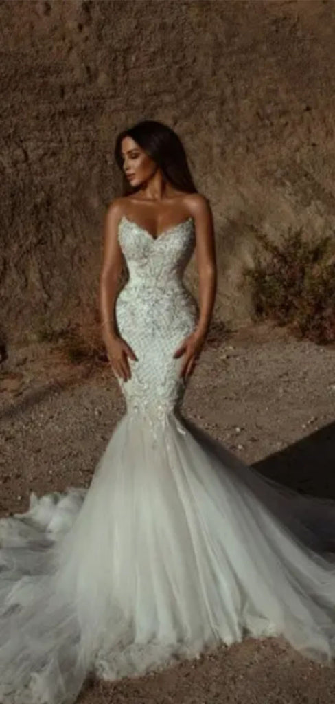 Sexy White Sweetheart Lace Mermaid Long Wedding Dresses With Sweep Trailing ,WDH168