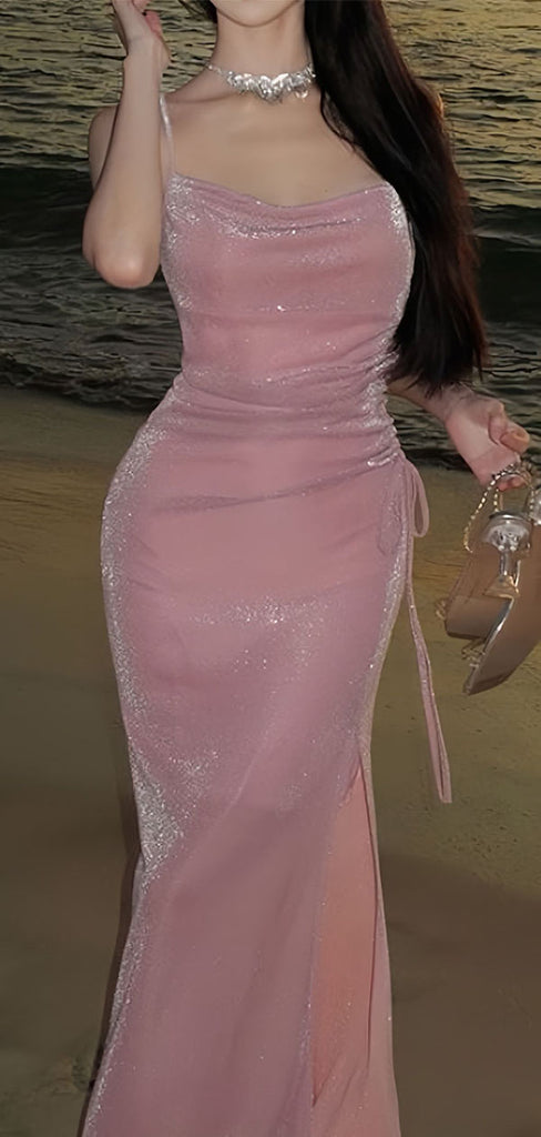 Shiny Pink Spaghetti Strap Mermaid Long Prom Dress Ideas, Evening Party Dresses,WGP1716