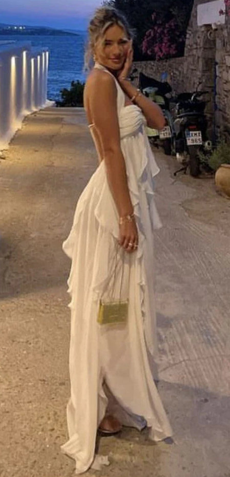 Elegant White Halter Strap A-Line Long Prom Dress Ideas, Evening Party Dresses,WGP1882