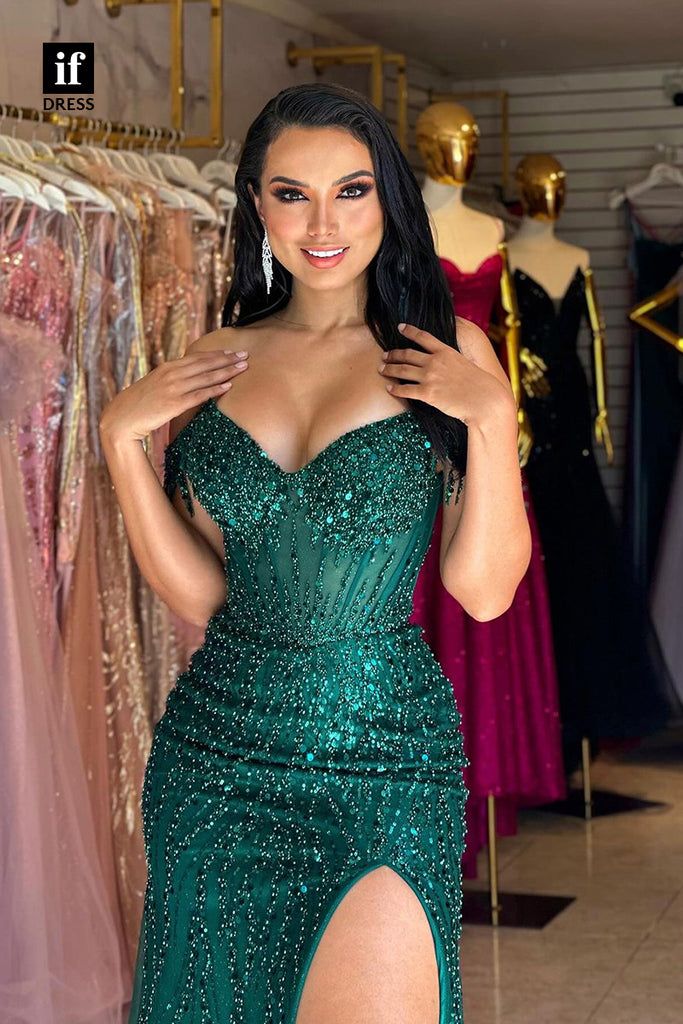 Elegant Green Off-Shoulder Mermaid Side Slit Long Prom Dress Ideas, Evening Party Dresses, WGP1587