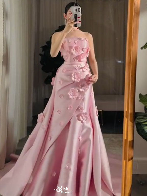 Elegant Pink Floral Sweetheart A-Line Long Prom Dress Ideas, Evening Party Dresses ,WGP1603