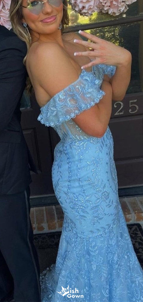 Elegant Sweetheart Off-shoulder Lace Mermaid Long Prom Dress Ideas, Evening Party Dresses,WGP1283