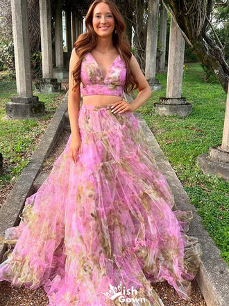 Elegant Two Piece V-neck A-line Long Prom Dress Ideas, Evening Party Dresses,WGP1288