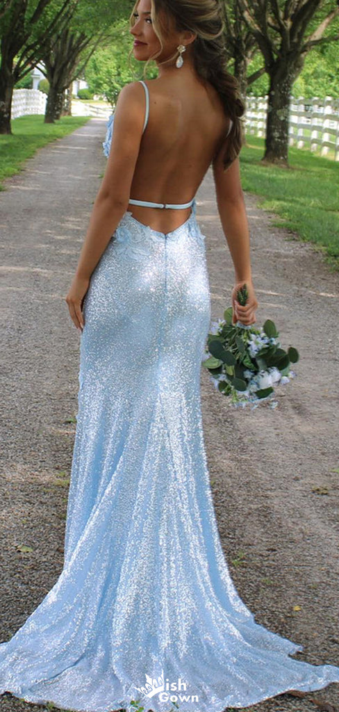 Elegant V-neck Spaghetti Strap Backless Mermaid Long Prom Dress Ideas, Evening Party Dresses,WGP1298