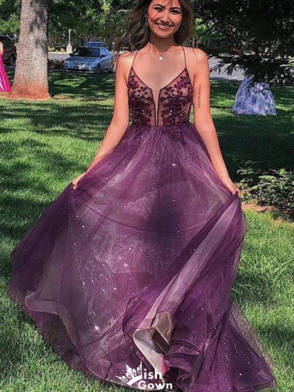 Elegant V-neck Spaghetti Strap A-line Long Prom Dress Ideas, Evening Party Dresses,WGP1299