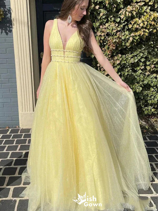 Gorgeous V-neck A-line Long Prom Dress Ideas, Evening Party Dresses,WGP1116