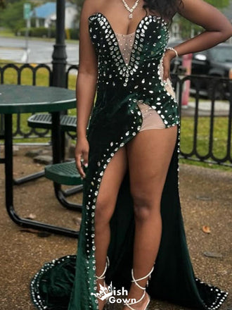 Sexy Deep V-neck Strapless Mermaid Unique Long Prom Dress Ideas, Evening Party Dresses,WGP1336