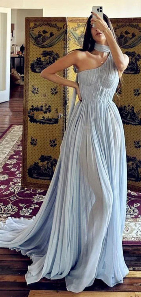 Elegant Blue One-Shoulder A-Line Long Prom Dress Ideas, Evening Party Dresses,WGP1651