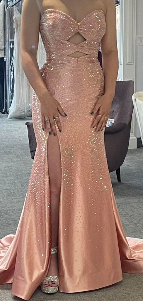 Sparkly Pink Sweetheart Mermaid Side Slit Long Prom Dress Ideas, Evening Party Dresses,WGP1871