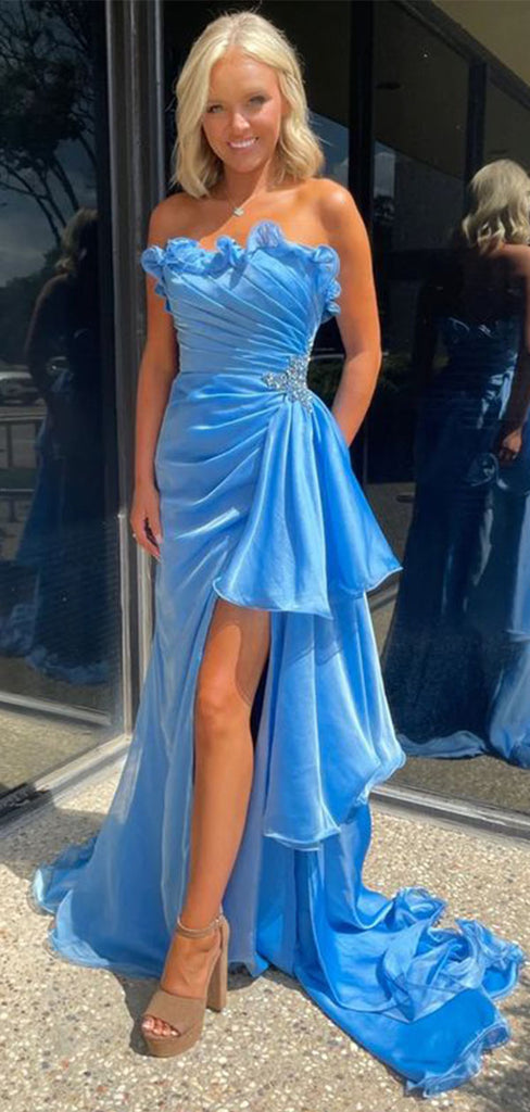 Elegant Blue Floral Mermaid Side Slit Long Prom Dress Ideas, Evening Party Dresses,WGP1902