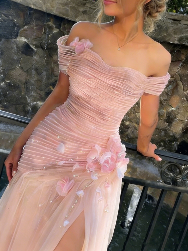 Unique Off-Shoulder Ruched Tulle Prom Dress with Floral Appliques,WGP2152