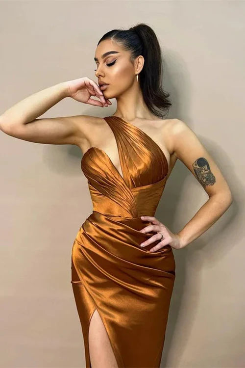 Elegant Gold One-Shoulder Mermaid Side Slit Long Prom Dress Ideas, Evening Party Dresses,WGP1939