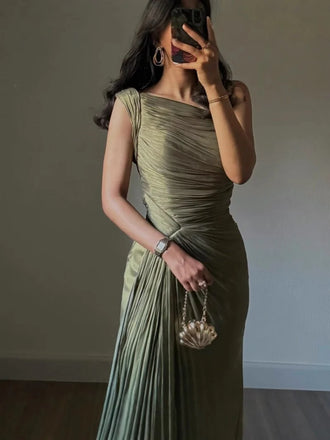 Elegant Green One-Shoulder Mermaid Side Slit Long Prom Dress Ideas, Evening Party Dresses,WGP1609