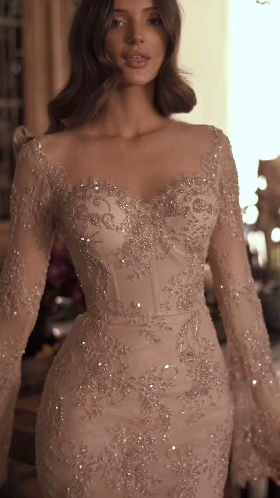 Shiny Gold Long Sleeve Mermaid Lace Applique Long Prom Dress Ideas, Evening Party Dresses,WGP1686