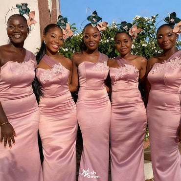 Elegant Pink Floral One-Shoulder Sleeveless Mermaid Long Bridesmaid Dresses Online, WGM426